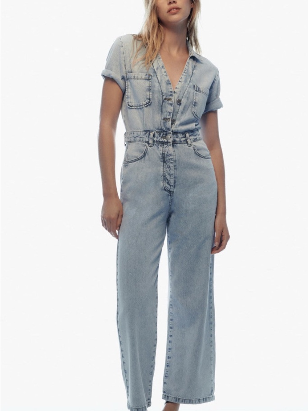 Zara Light Blue Wide-Leg Denim Jumpsuit